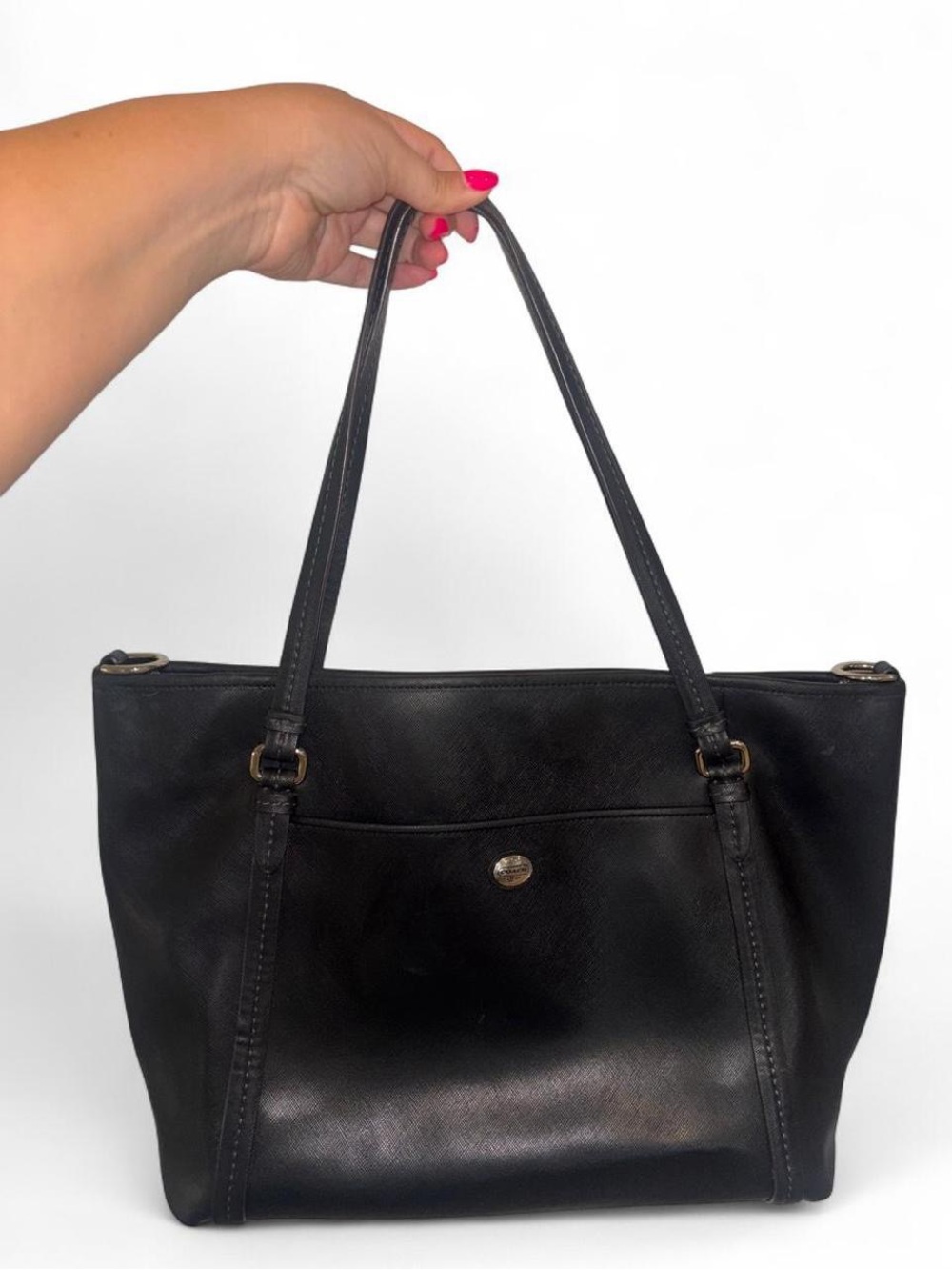 Coach Black Leather Shoulder Tote with Front Slip Pocket and Double Straps